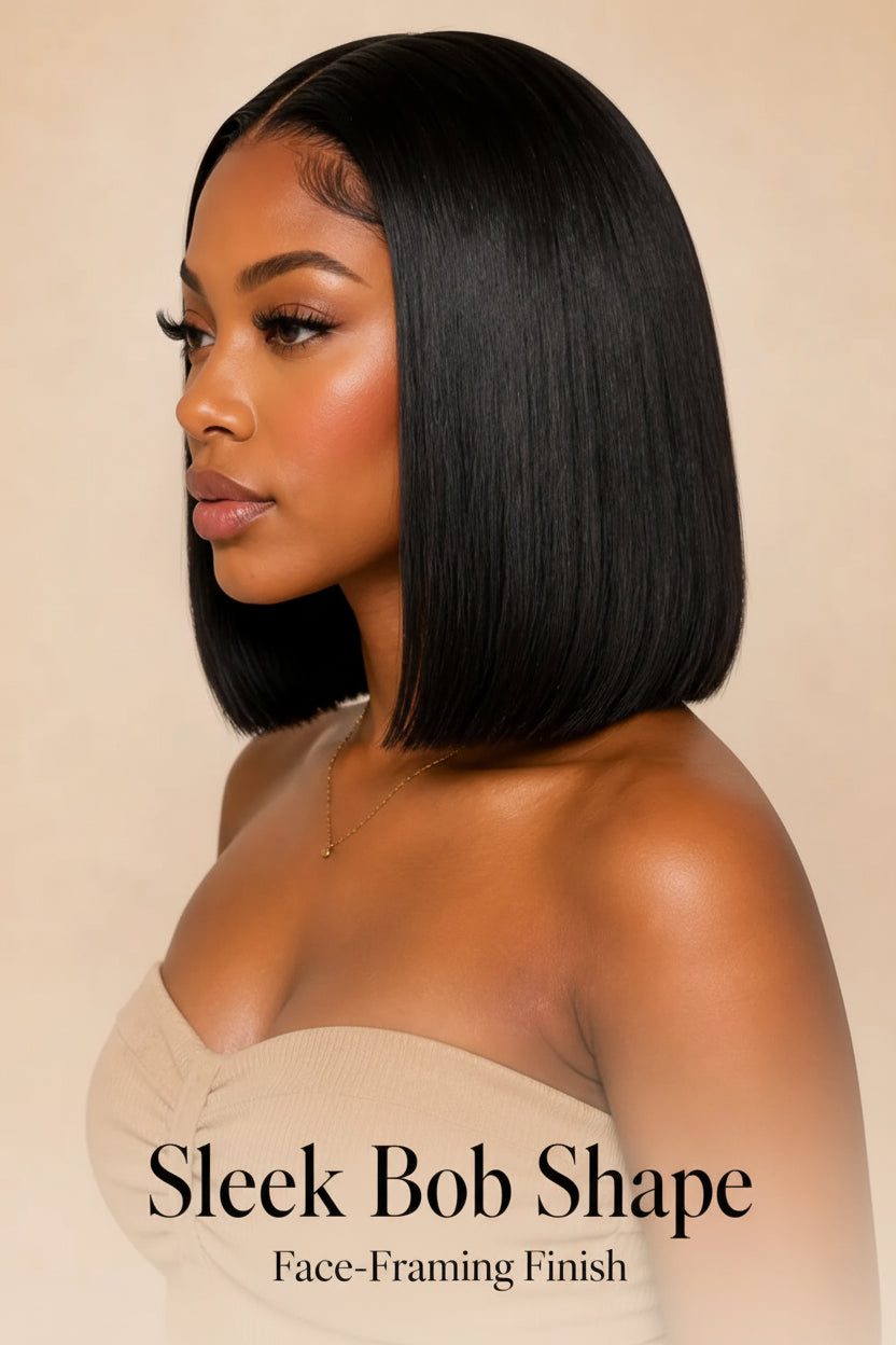 Woman with sleek bob hair styled against a beige background