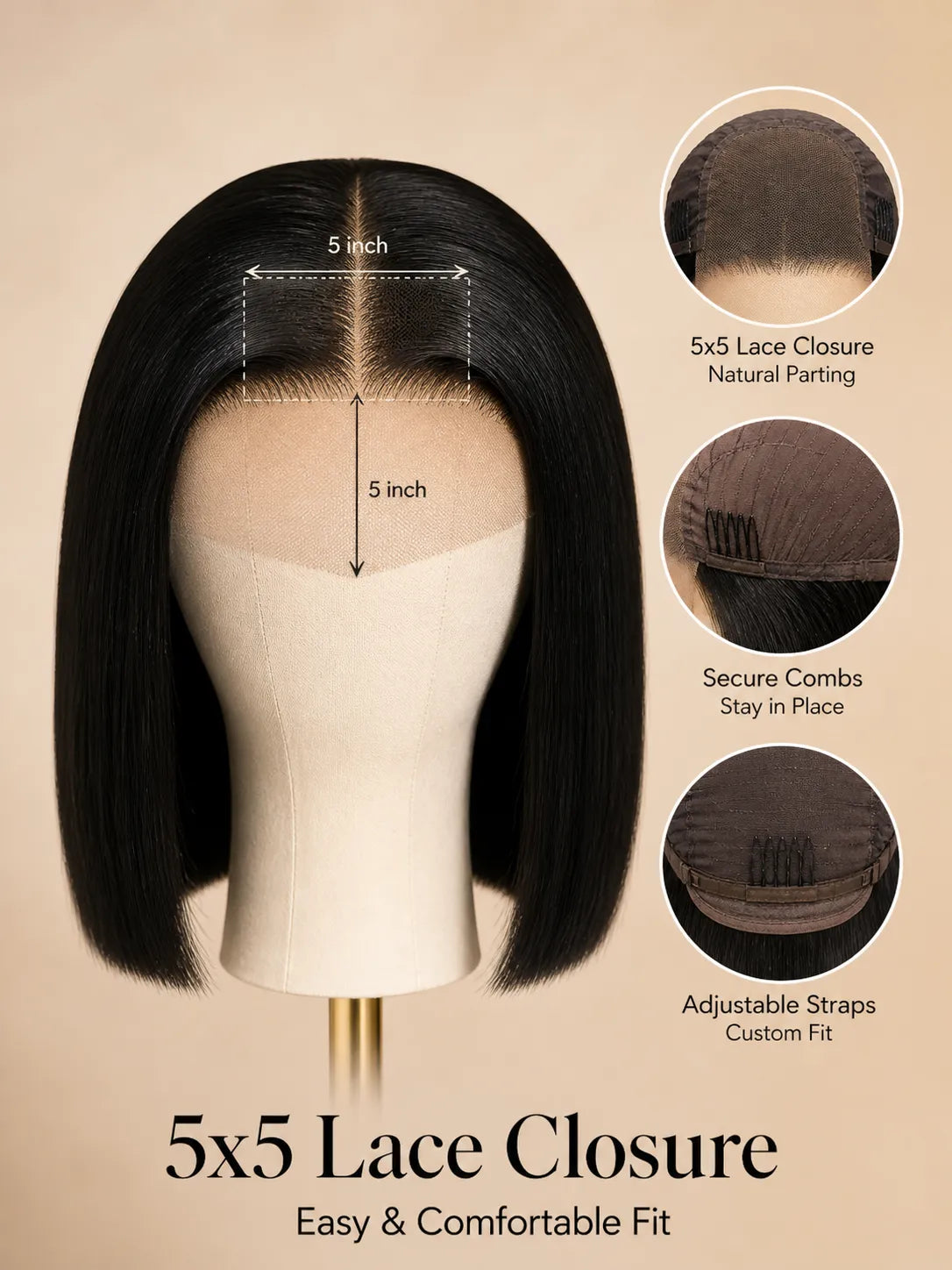 Product detail view of straight human hair wig with soft texture and natural finish