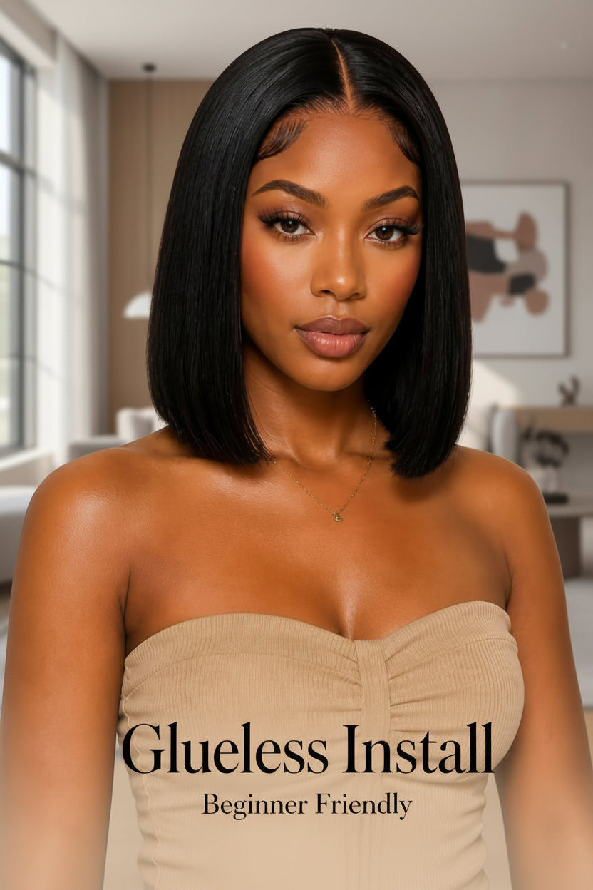 Woman with a stylish haircut in a modern indoor setting, with text 'Glueless Install Beginner Friendly'.