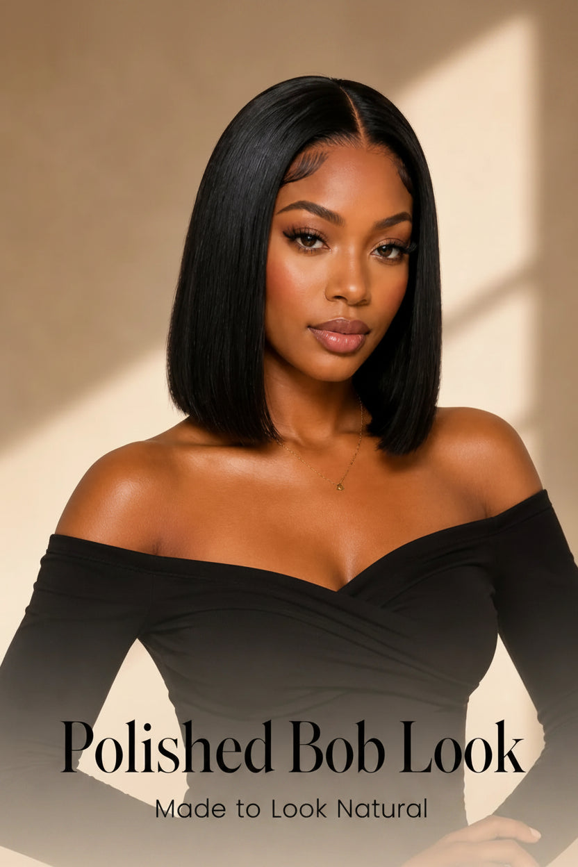Woman with a polished bob hairstyle wearing an off-shoulder black top against a neutral background.
