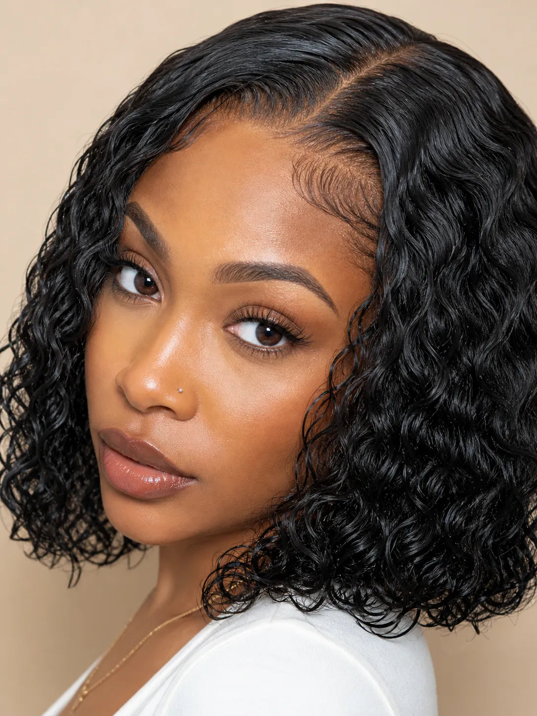 Side view of water wave lace wig showing natural hairline with soft texture and natural finish
