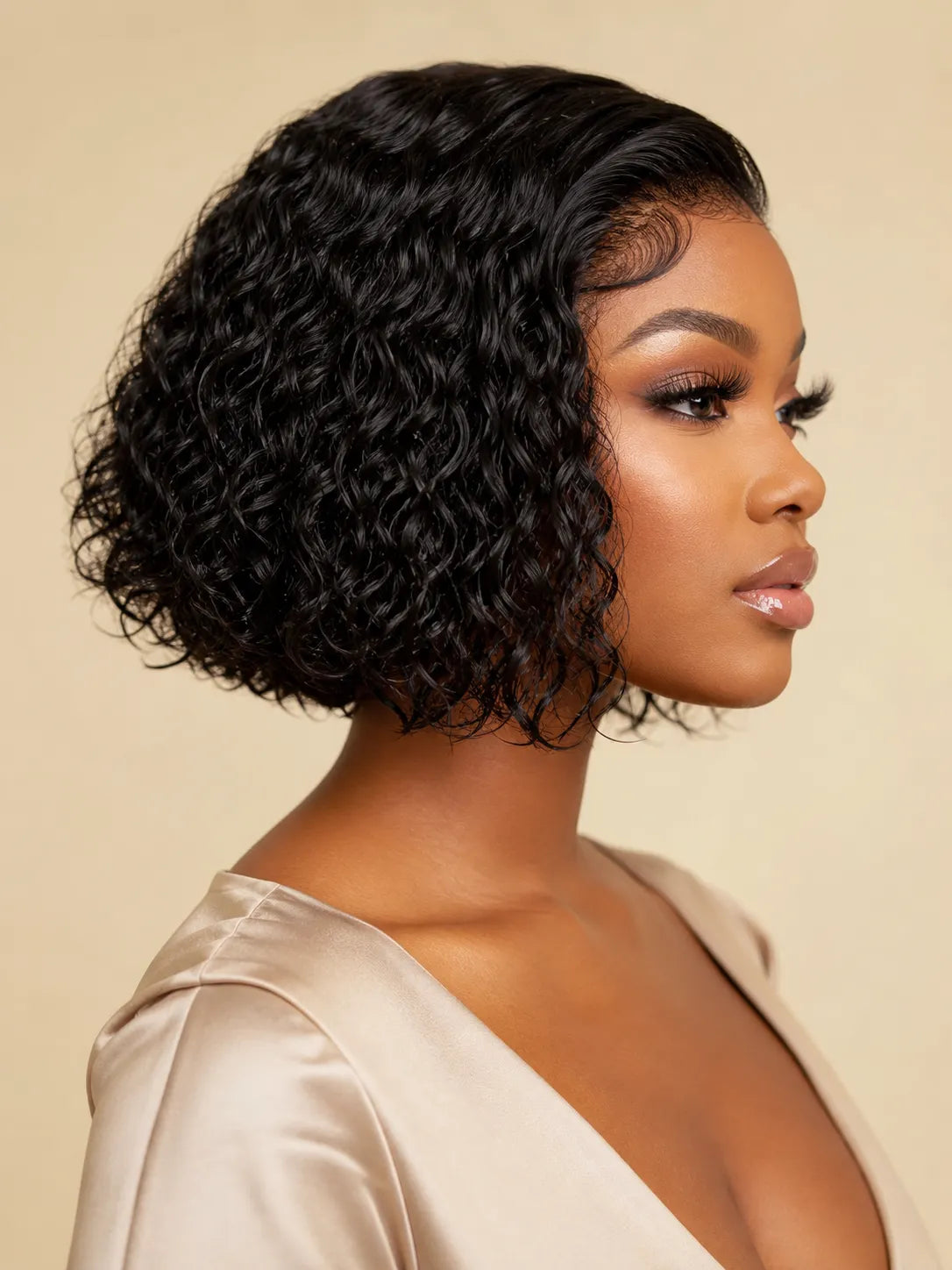 Detail view of lace front and natural hairline with soft texture and natural finish