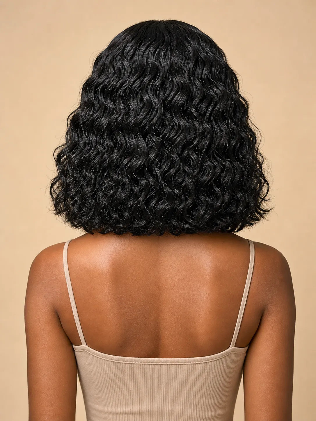 Back view of water wave human hair wig with natural volume with soft texture and natural finish