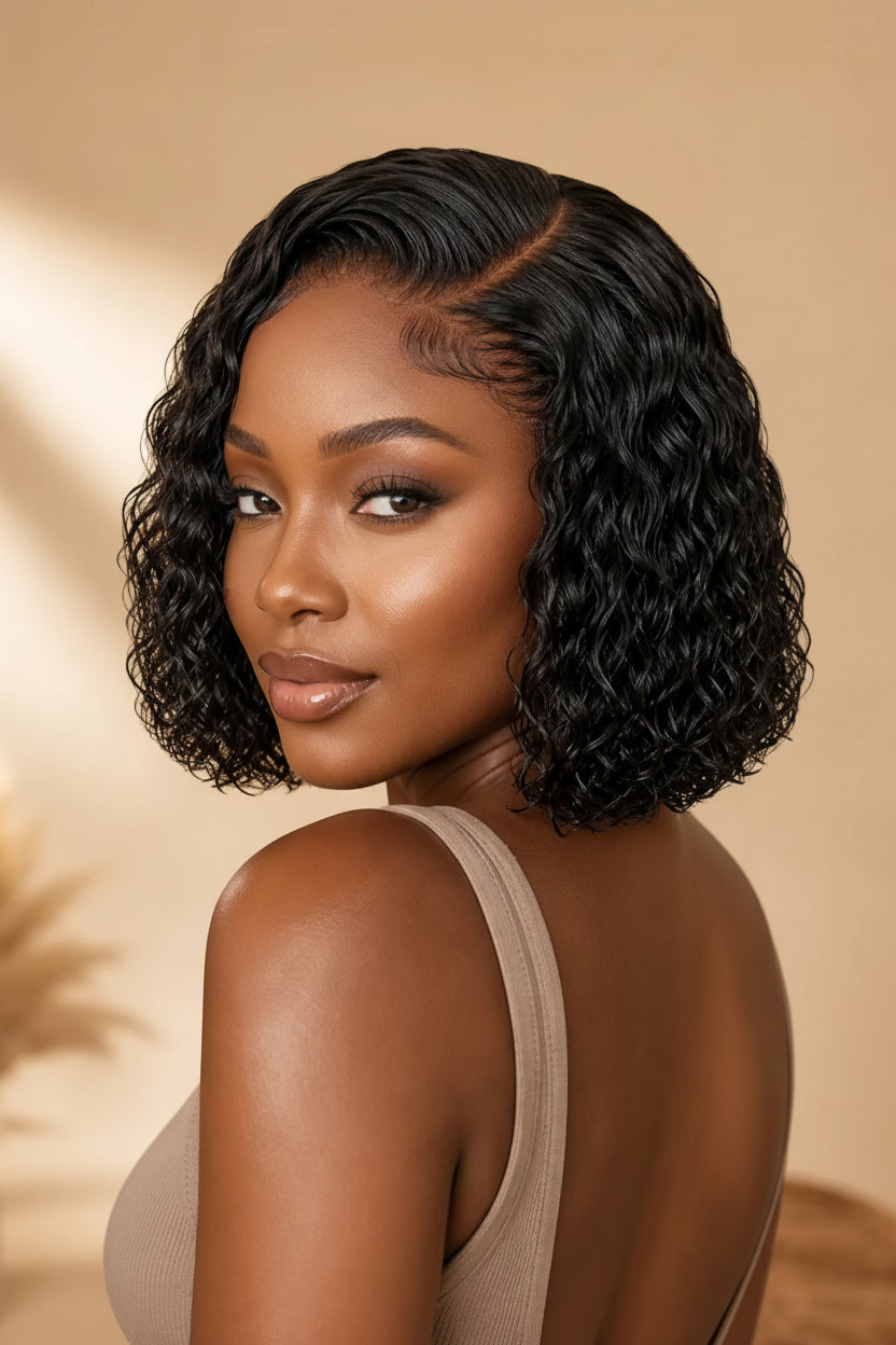 Front view of water wave human hair wig on model with soft texture and natural finish