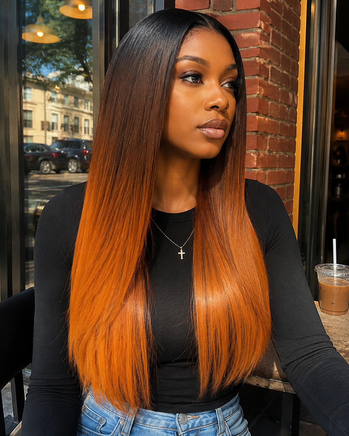 Front view of black straight human hair wig on model with soft texture and natural finish