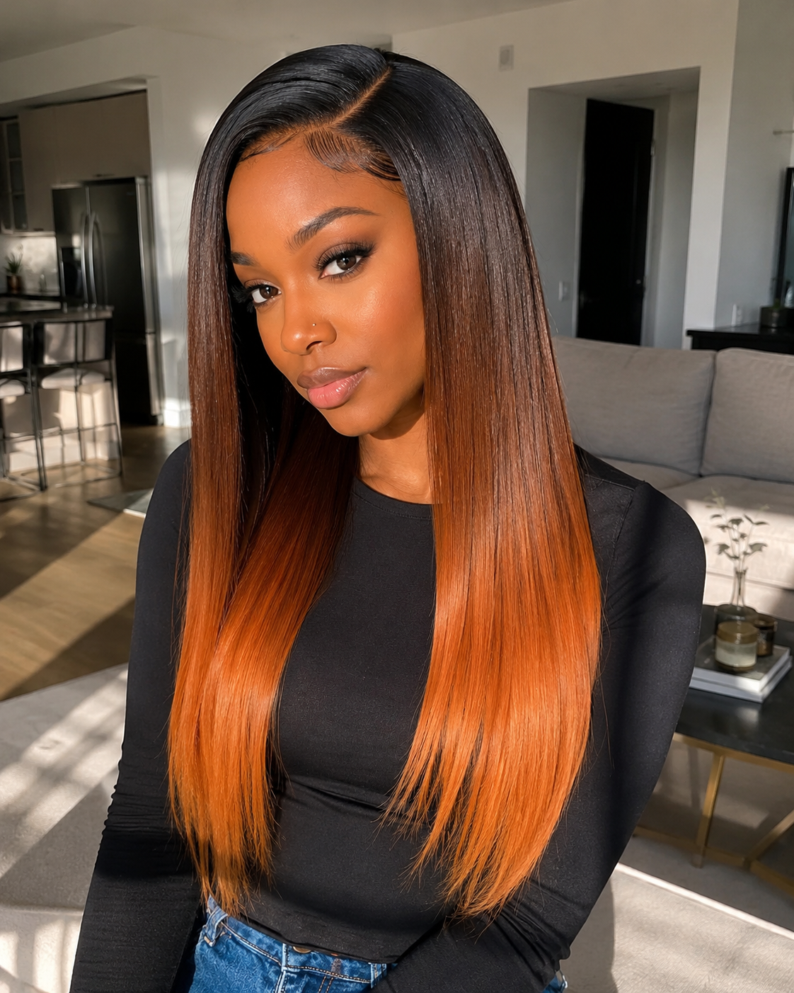 Side view of black straight lace wig showing natural hairline with soft texture and natural finish