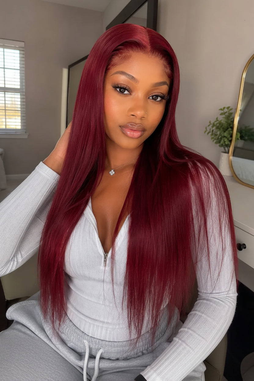 Woman with long burgundy hair in a room with a mirror and window.