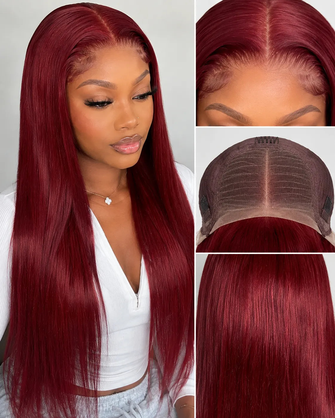 Lifestyle view of model wearing burgundy straight human hair wig with soft texture and natural finish