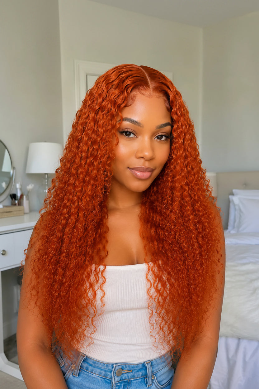 Woman with vibrant orange hair in a bedroom setting
