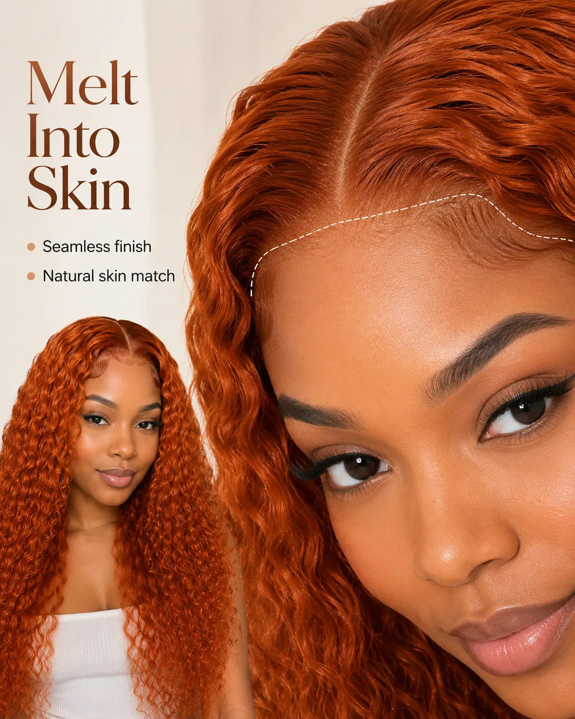 Detail view of lace front lace and natural hairline with soft texture and natural finish