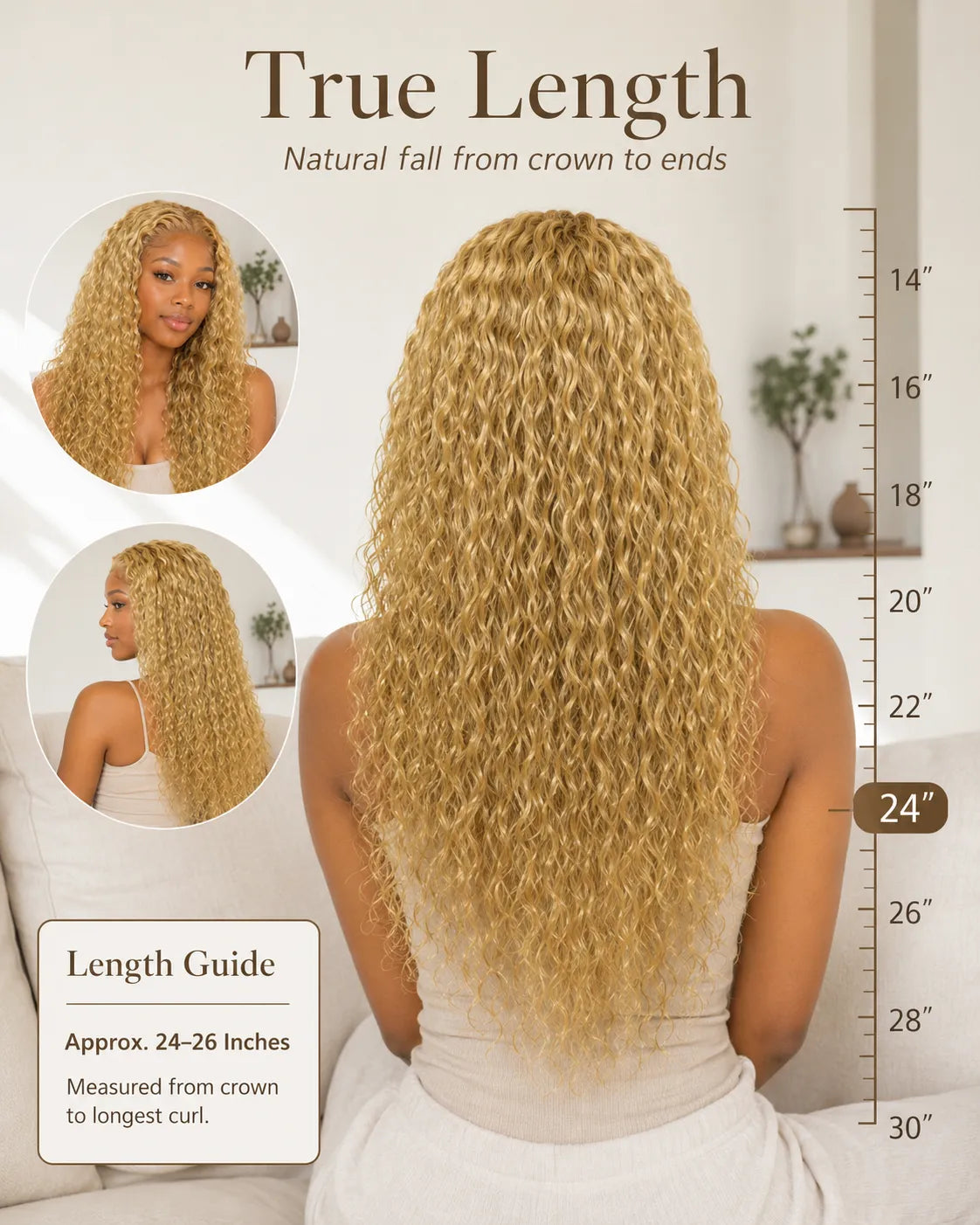 Side view of honey blonde water wave lace wig showing natural hairline