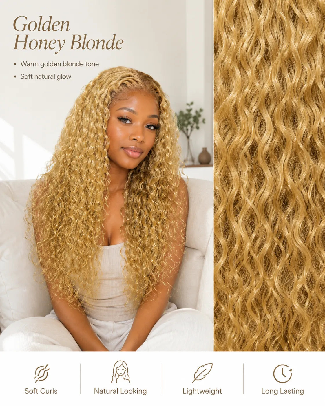 Detail view of lace front and natural hairline with soft texture and natural finish