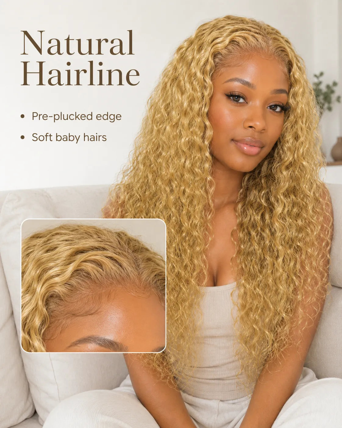 Close-up view of honey blonde water wave human hair wig texture and lace detail