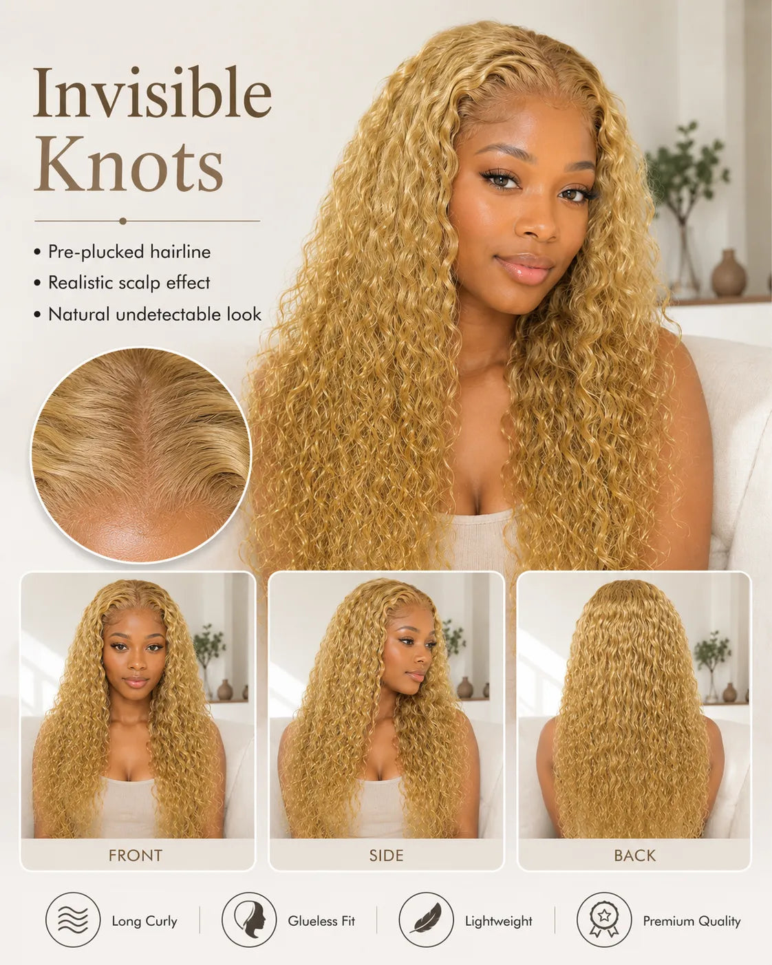 Close-up view of honey blonde water wave human hair wig texture and lace detail