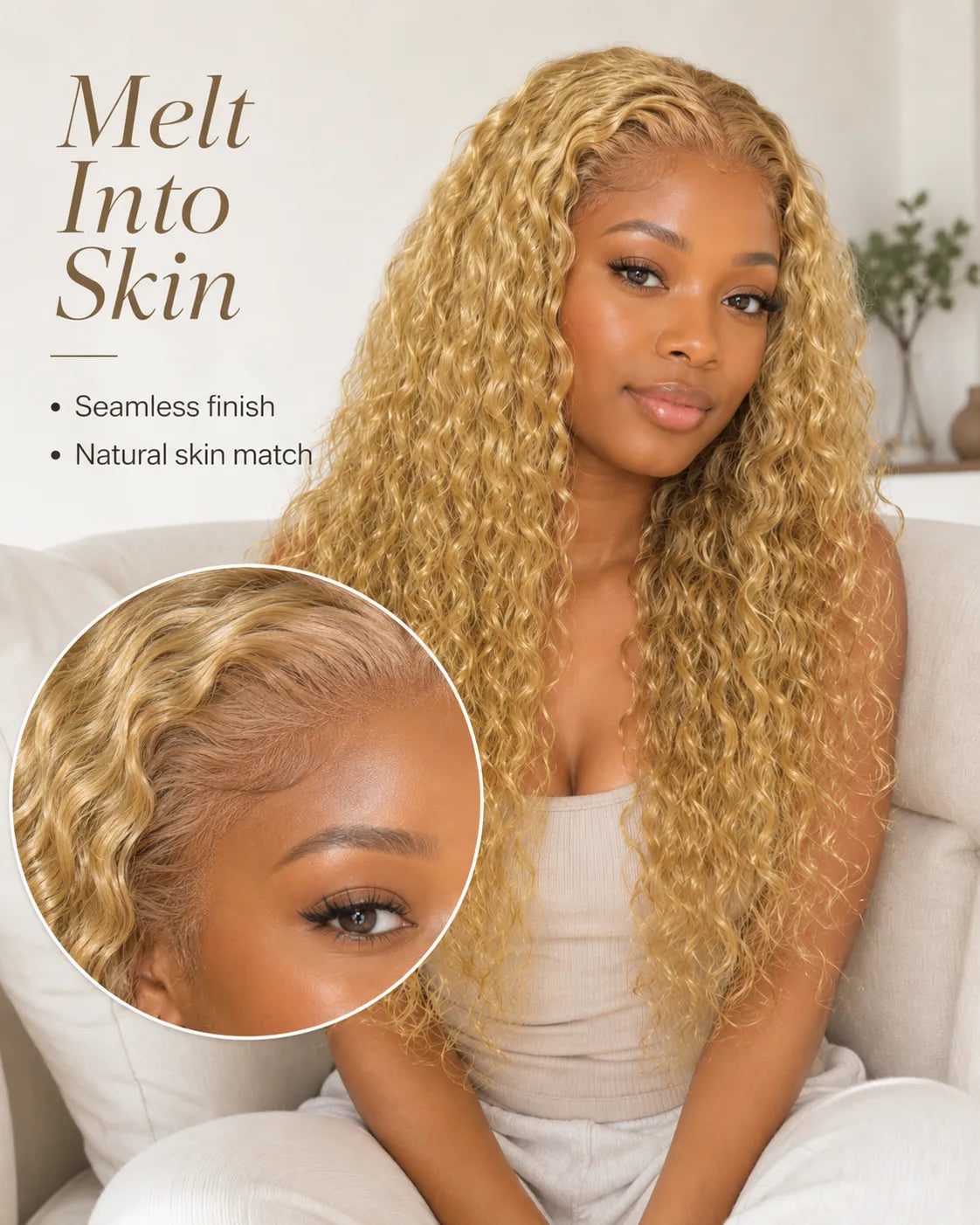 Lifestyle view of model wearing honey blonde water wave glueless human hair wig