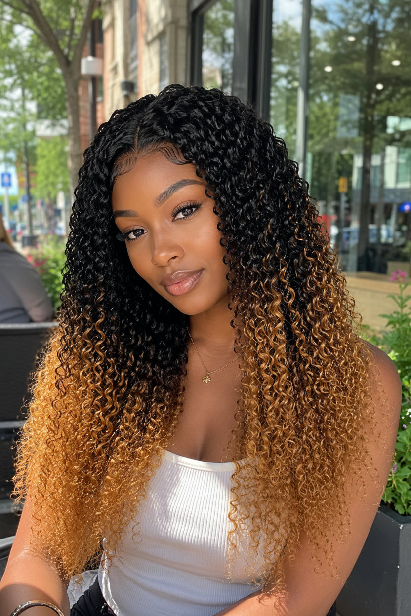 Woman with long, curly hair in an outdoor setting