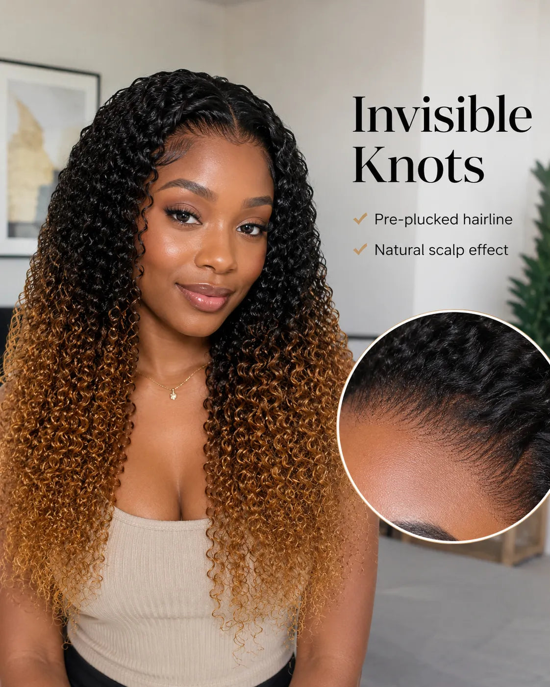 Lifestyle view of model wearing honey blonde deep wave glueless human hair wig