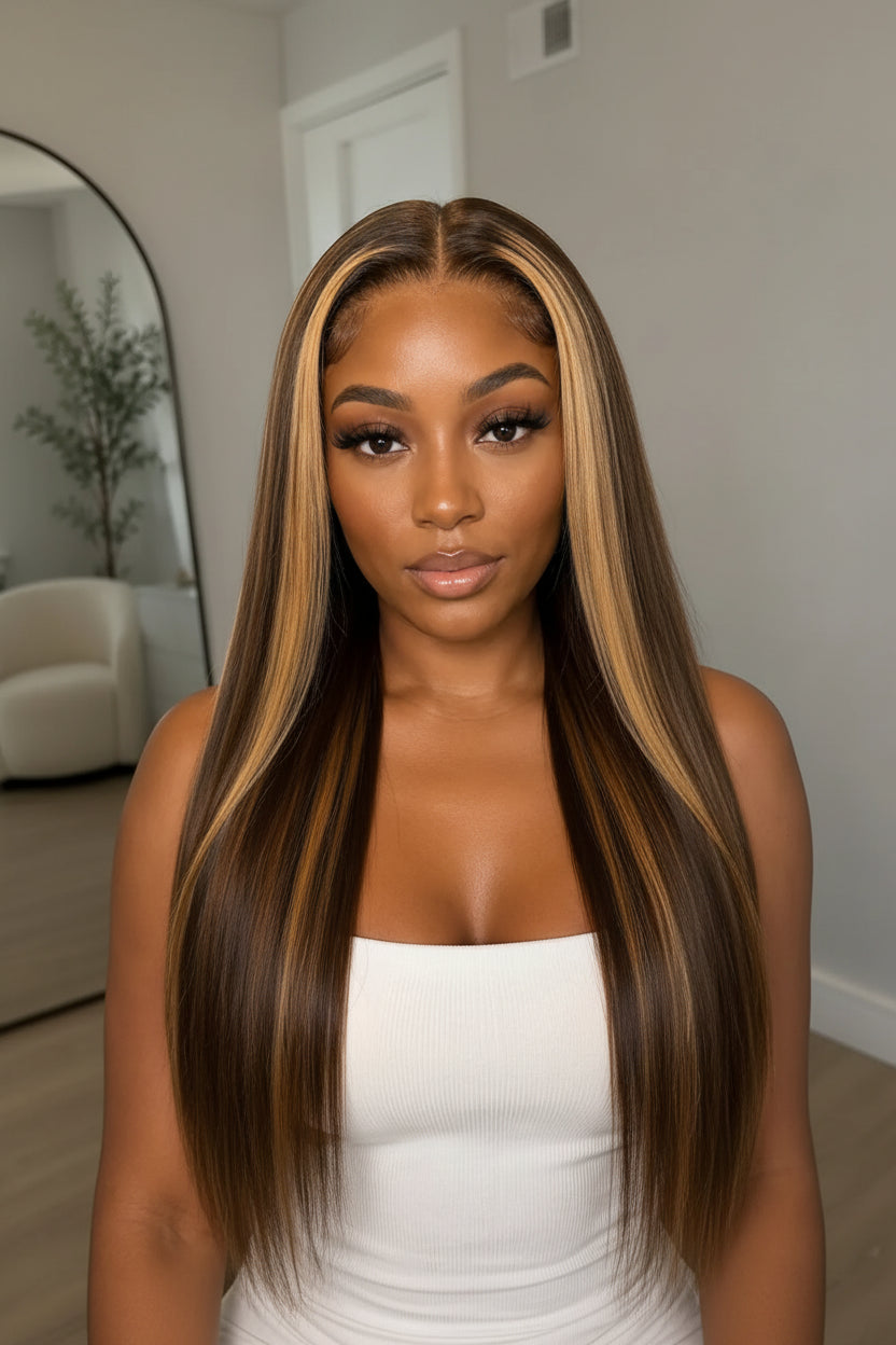 Woman with long, straight hair styled in a sleek manner indoors.