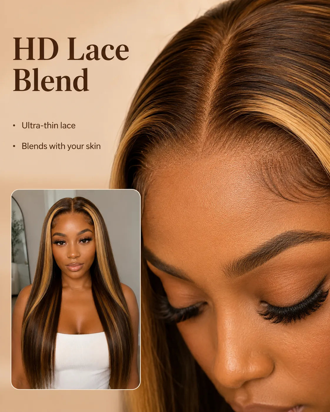 Lifestyle view of model wearing honey blonde straight human hair wig with soft texture and natural finish