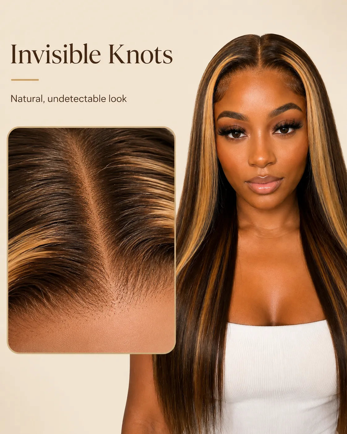 Close-up view of honey blonde straight human hair wig texture and lace detail