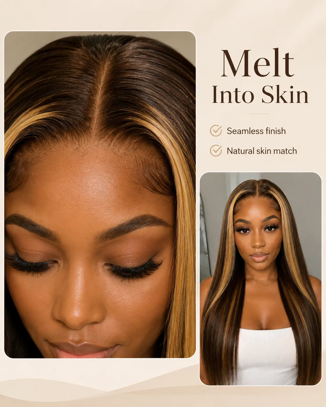Detail view of 13x4 lace front and natural hairline with soft texture and natural finish