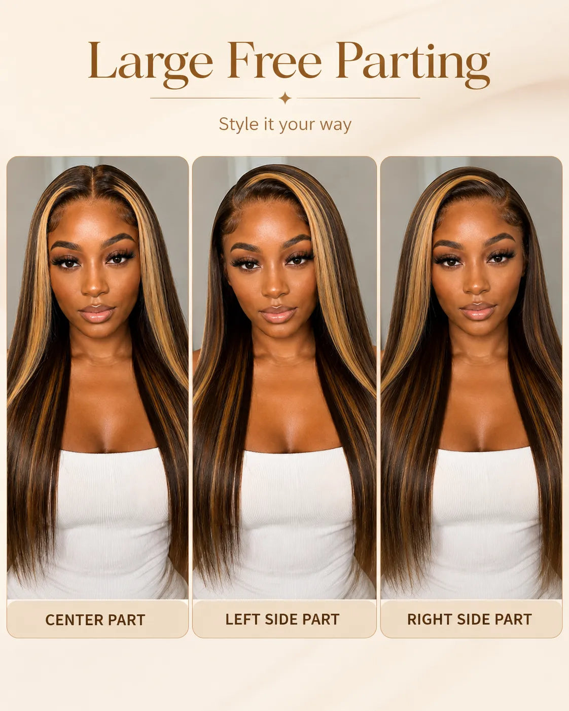 Back view of honey blonde straight human hair wig with natural volume with soft texture and natural finish