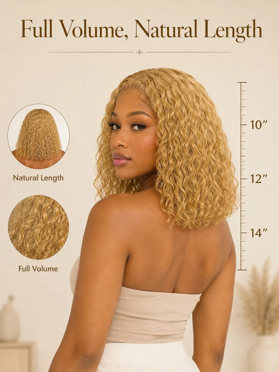 Product detail view of honey blonde water wave human hair wig with soft texture and natural finish
