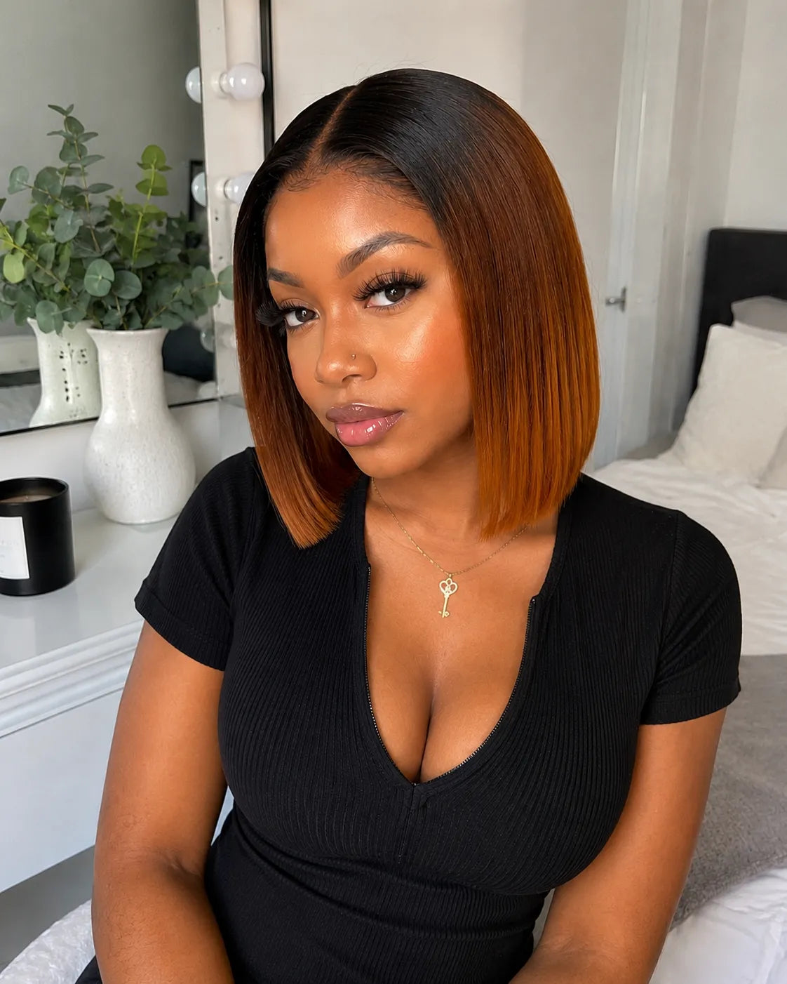 Front view of ombre straight human hair wig on model with soft texture and natural finish