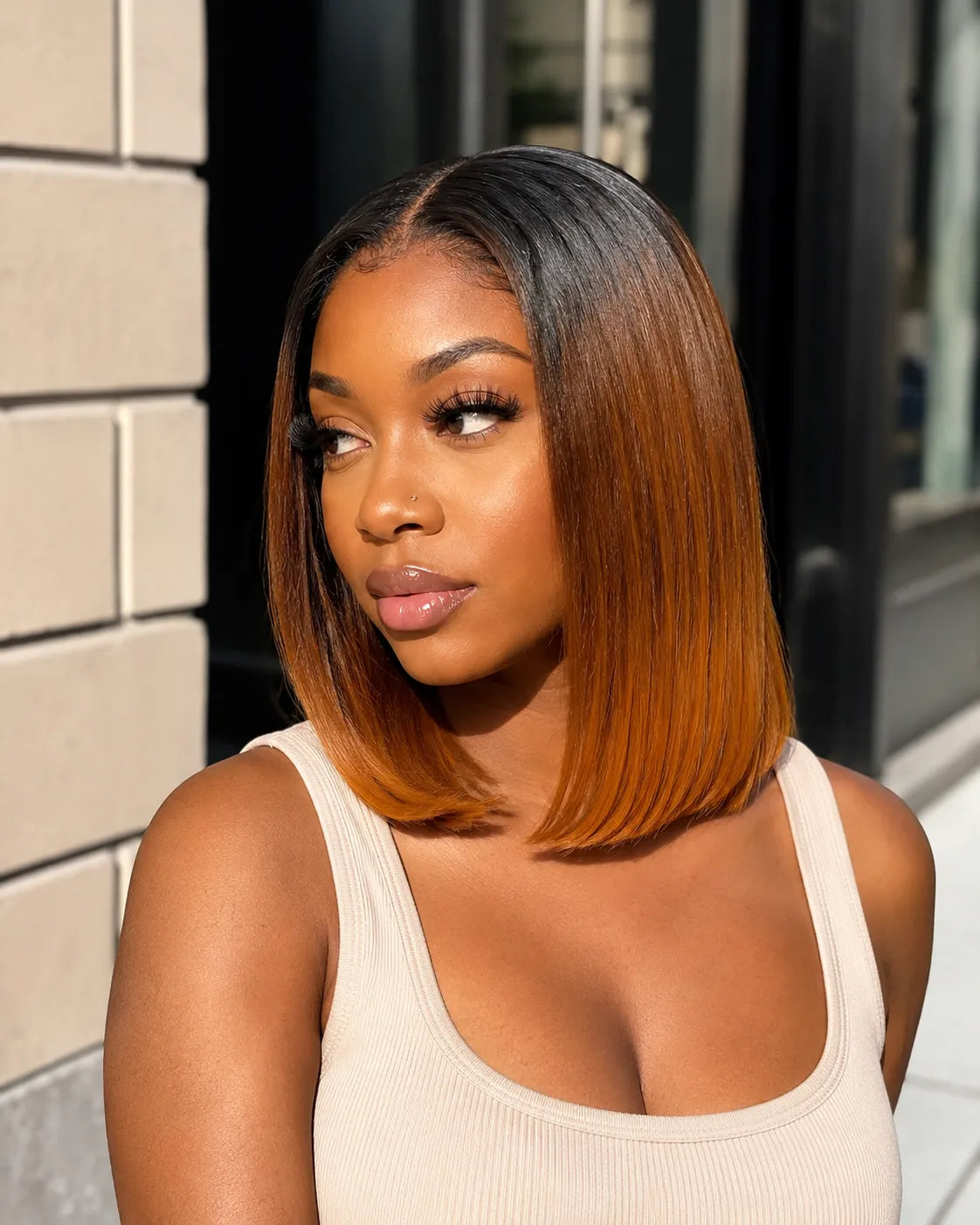 Side view of ombre straight lace wig showing natural hairline with soft texture and natural finish