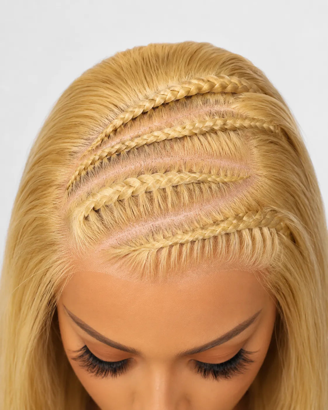 Detail view of lace front lace and natural hairline with soft texture and natural finish