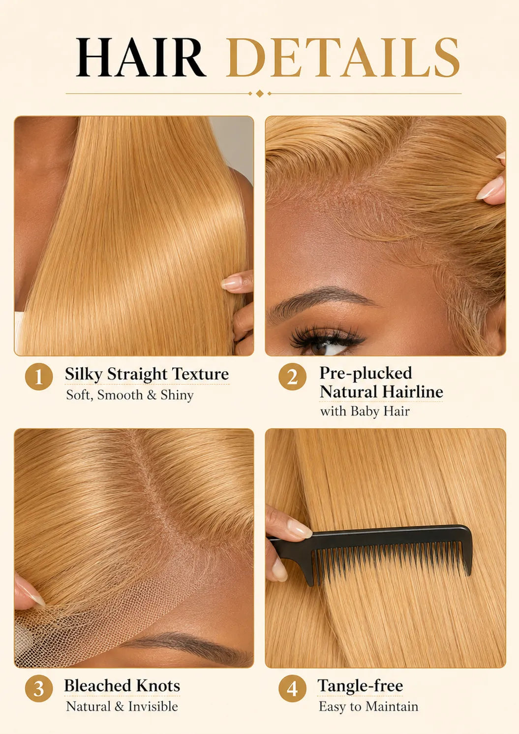 Lifestyle view of model wearing honey blonde straight glueless human hair wig