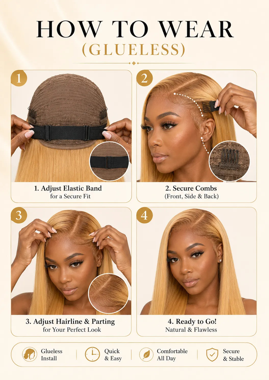Close-up view of honey blonde straight human hair wig texture and lace detail