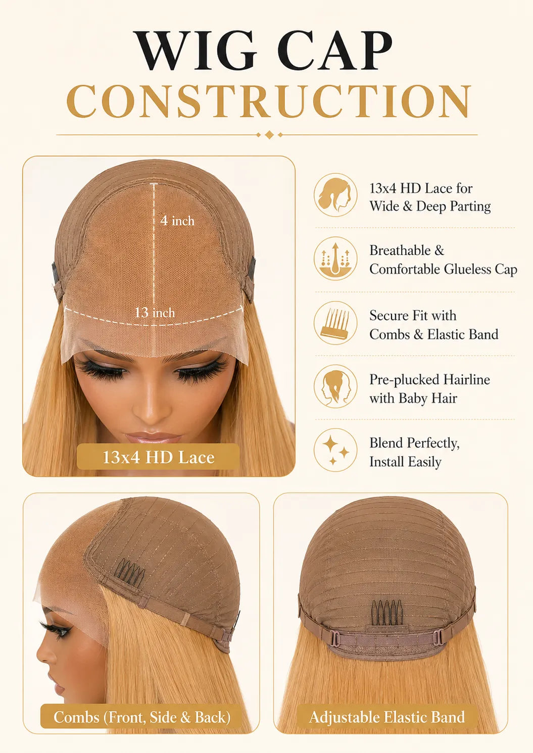 Detail view of lace front and natural hairline with soft texture and natural finish
