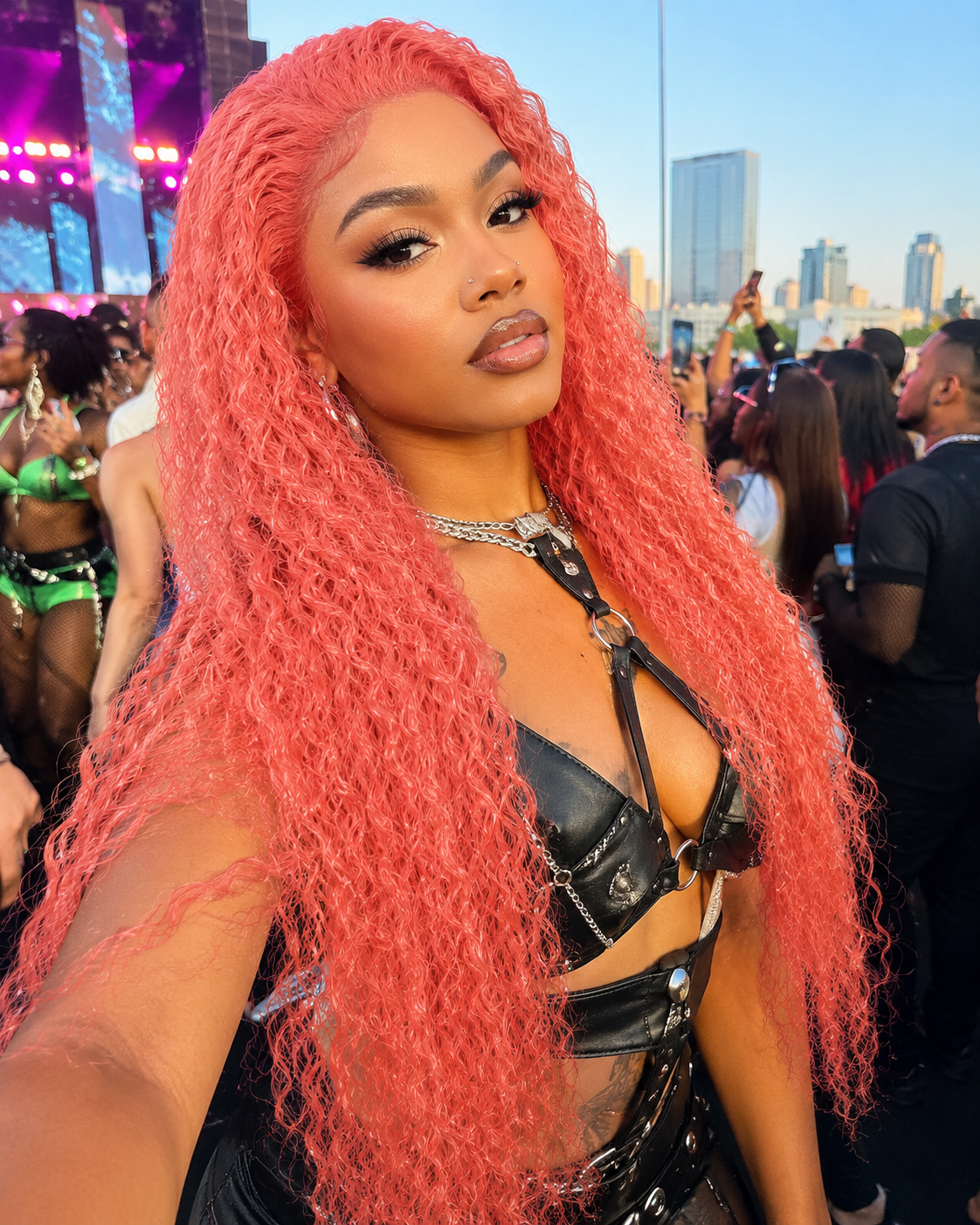Front view of water wave lace front human hair wig on model with soft texture and natural finish