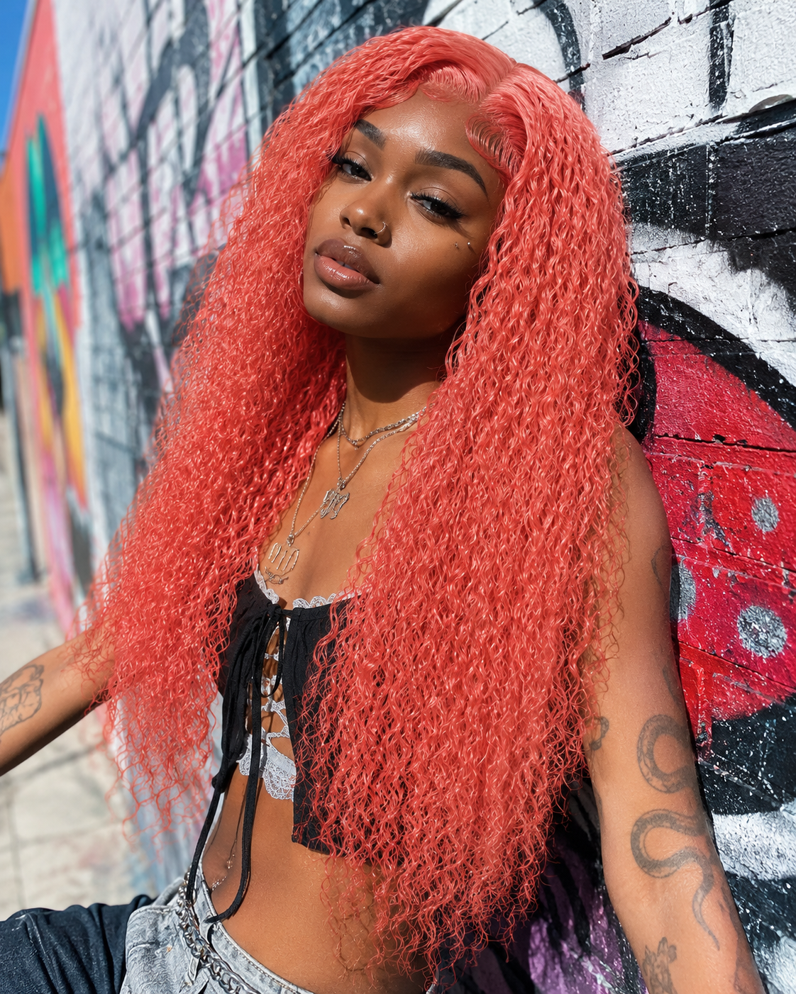 Lifestyle view of model wearing water wave glueless human hair wig with soft texture and natural finish