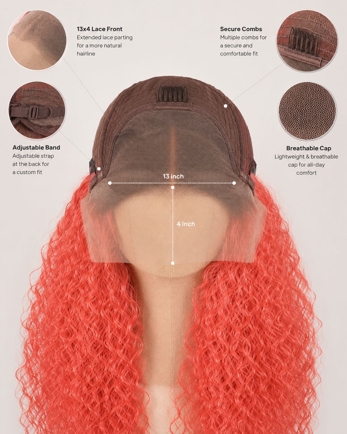 Detail view of lace front and natural hairline with soft texture and natural finish