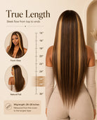Woman with long hair styled in a wig, showing front and side views with a measurement chart on a beige background.