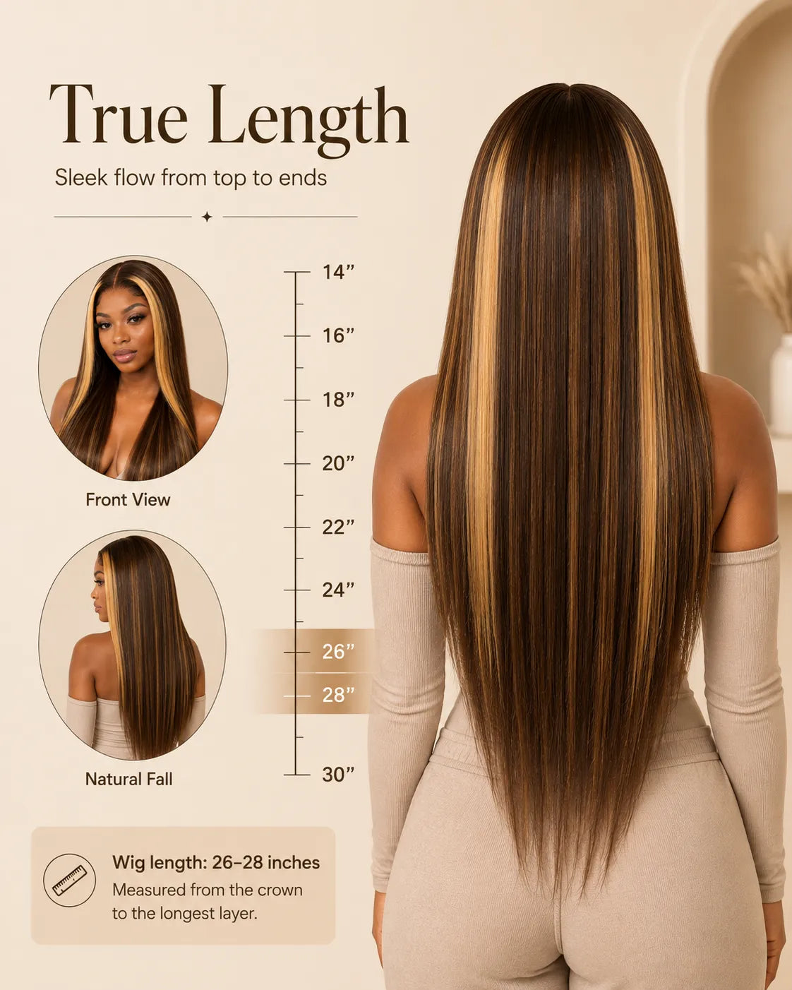 Woman with long hair styled in a wig, showing front and side views with a measurement chart on a beige background.
