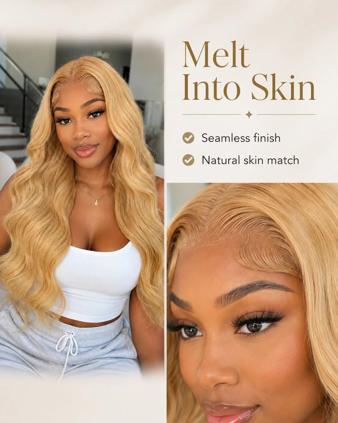 Close-up view of honey blonde body wave human hair wig texture and lace detail