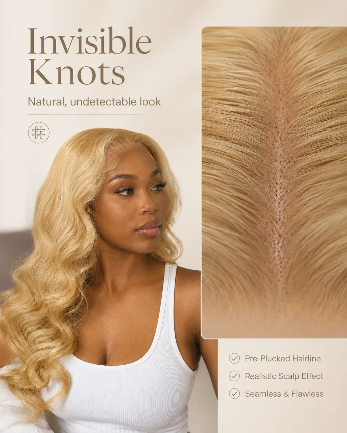 Detail view of lace front lace and natural hairline with soft texture and natural finish