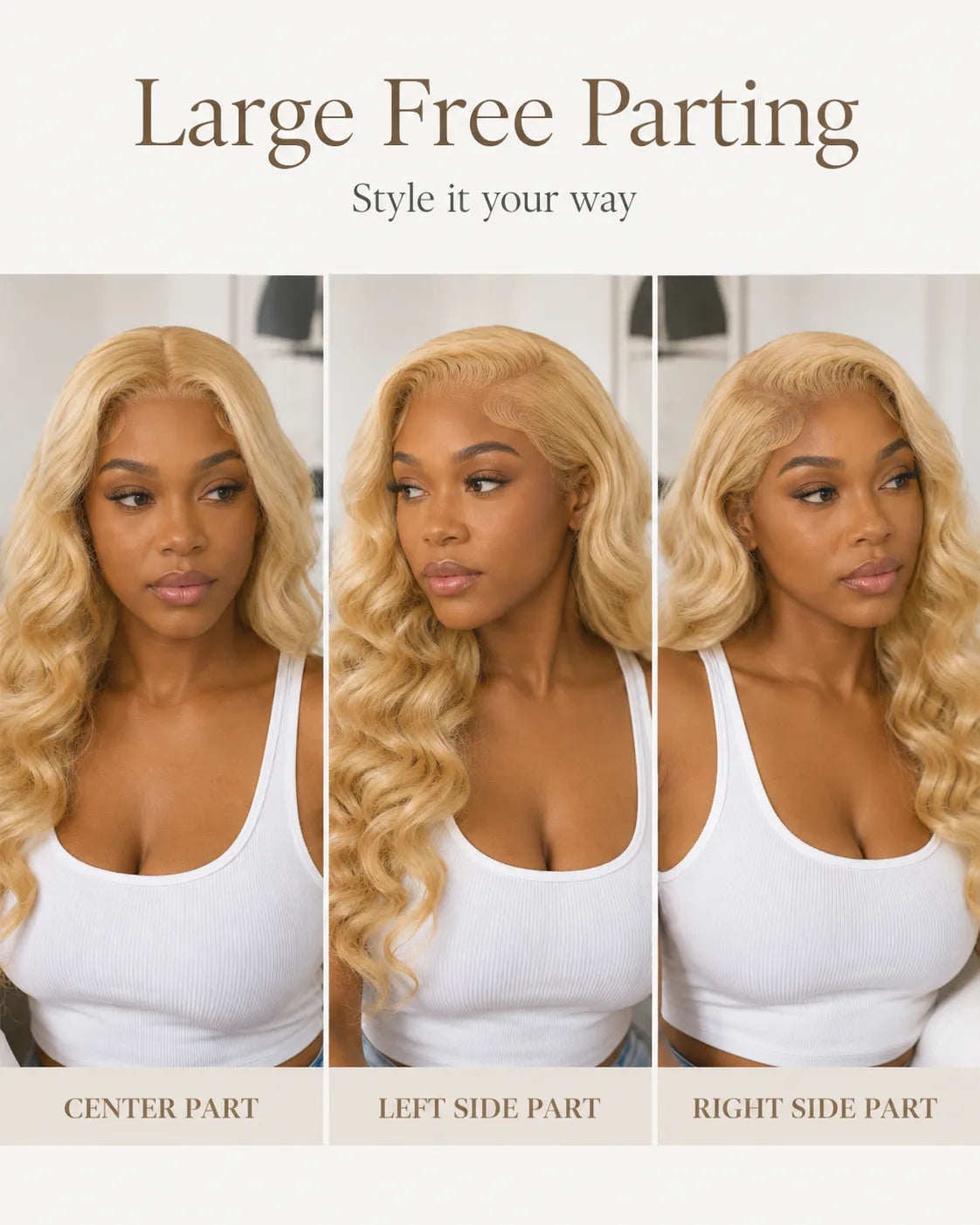 Lifestyle view of model wearing honey blonde body wave glueless human hair wig