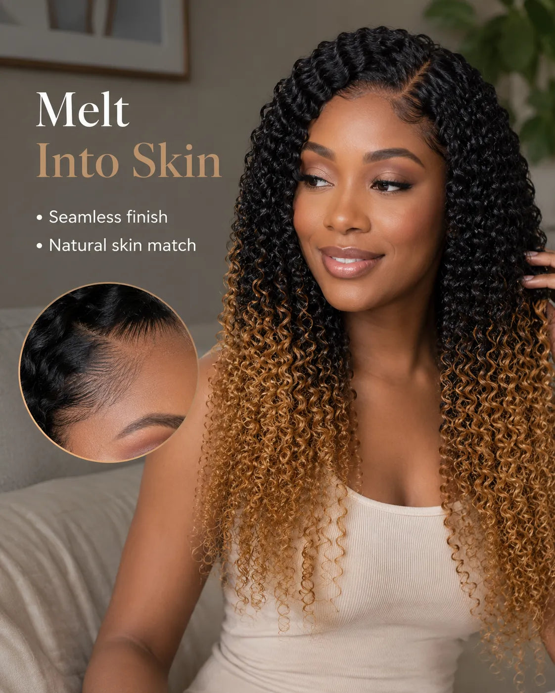 Detail view of glueless wig cap and lace construction with soft texture and natural finish
