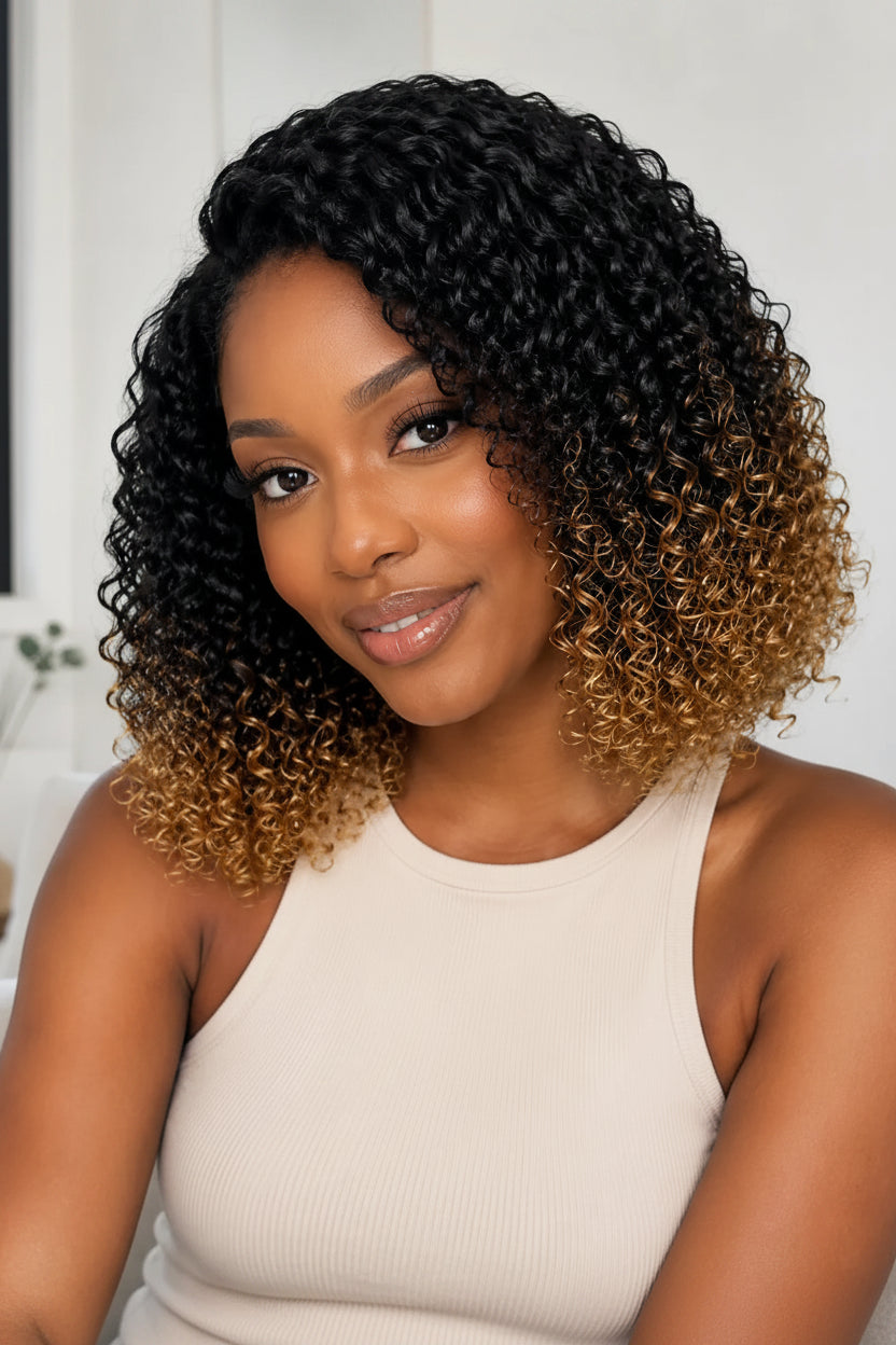 Woman with styled hair in a neutral indoor setting