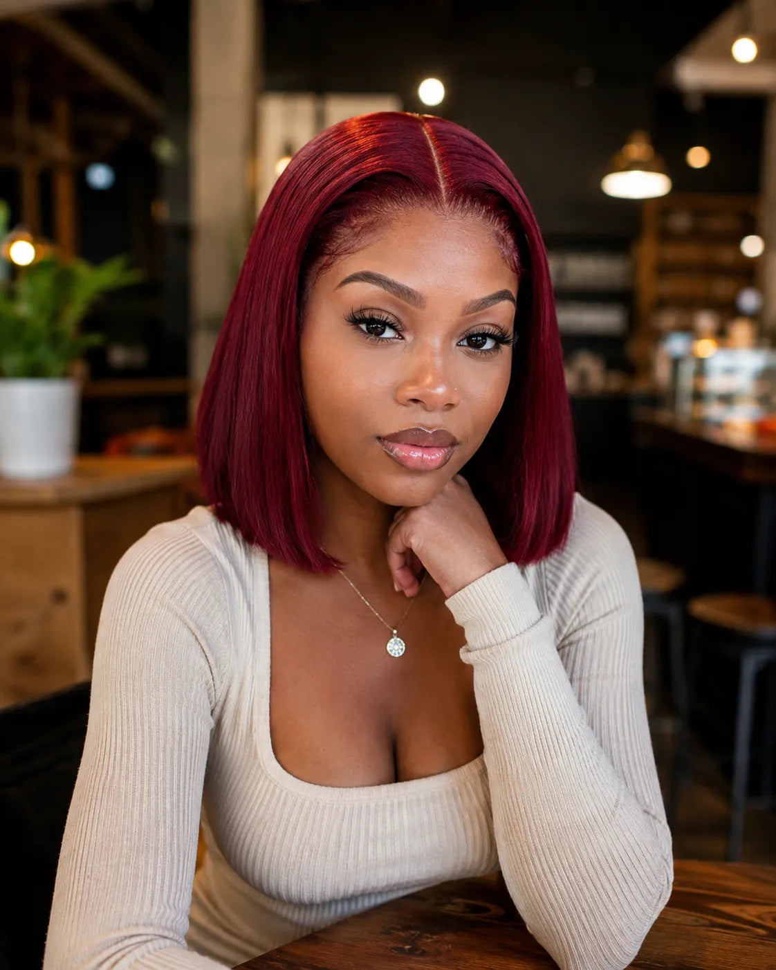 Side view of burgundy straight lace wig showing natural hairline with soft texture and natural finish