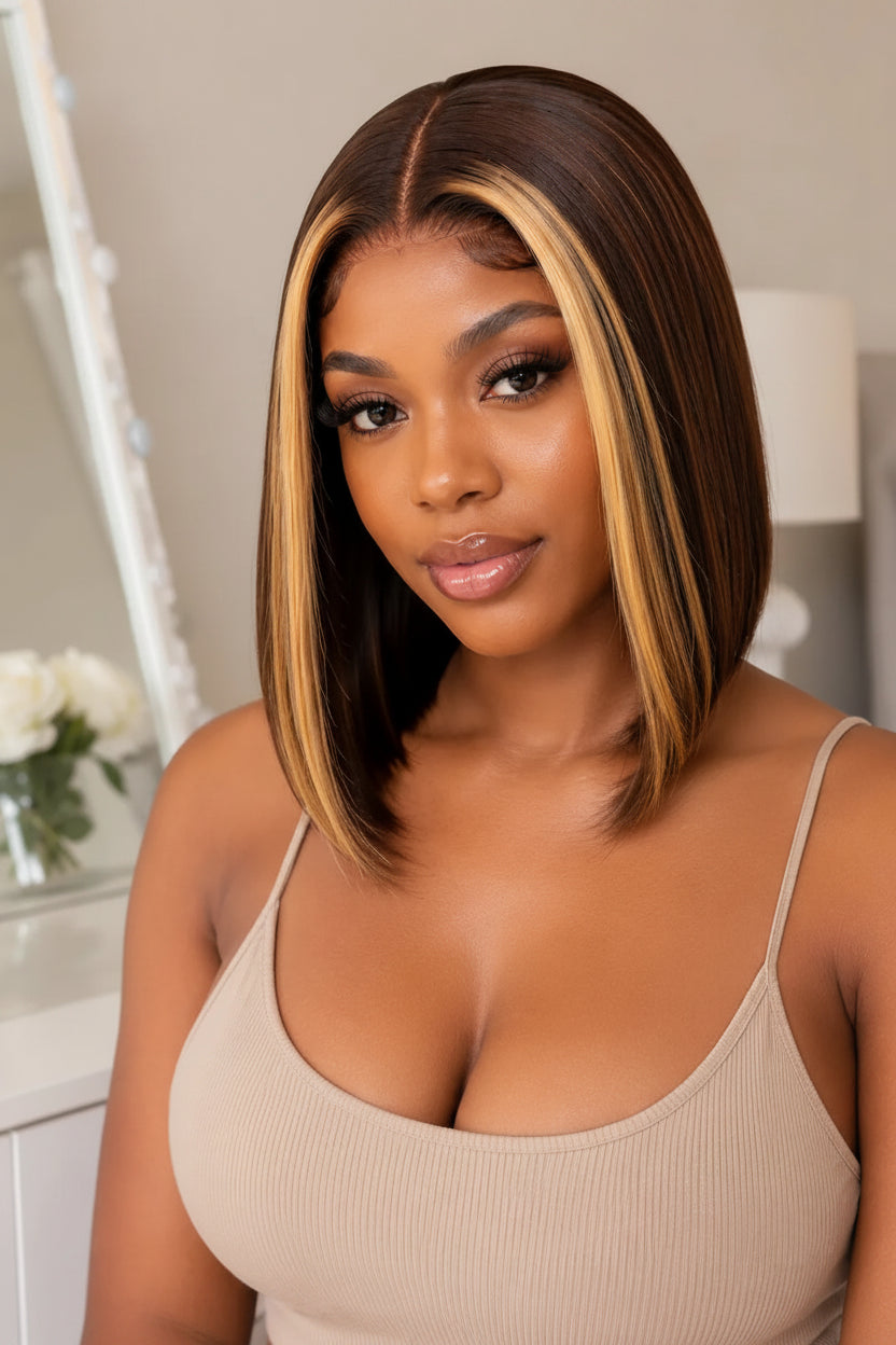 Woman with a styled wig in a neutral setting
