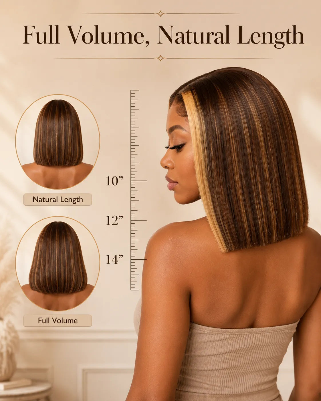 Woman with styled hair, showing natural length and full volume measurements on a beige background.