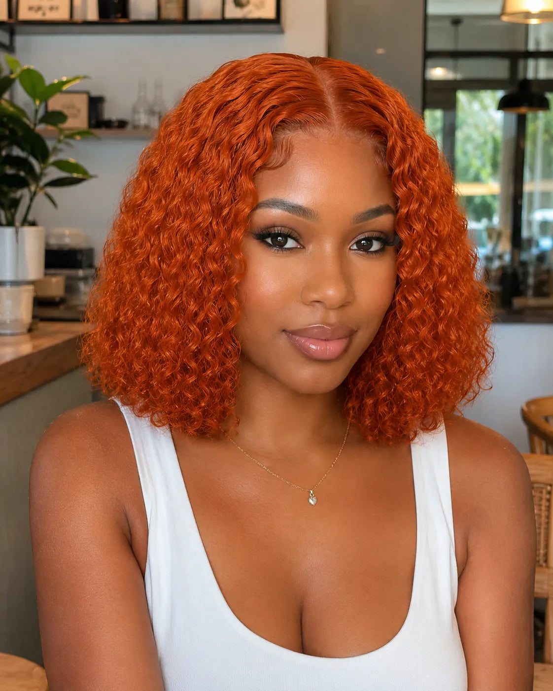 Front view of curly lace front human hair wig on model with soft texture and natural finish
