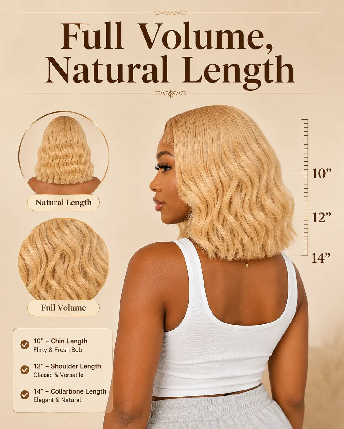 Woman with styled hair, showing different length options with measurements on a beige background.