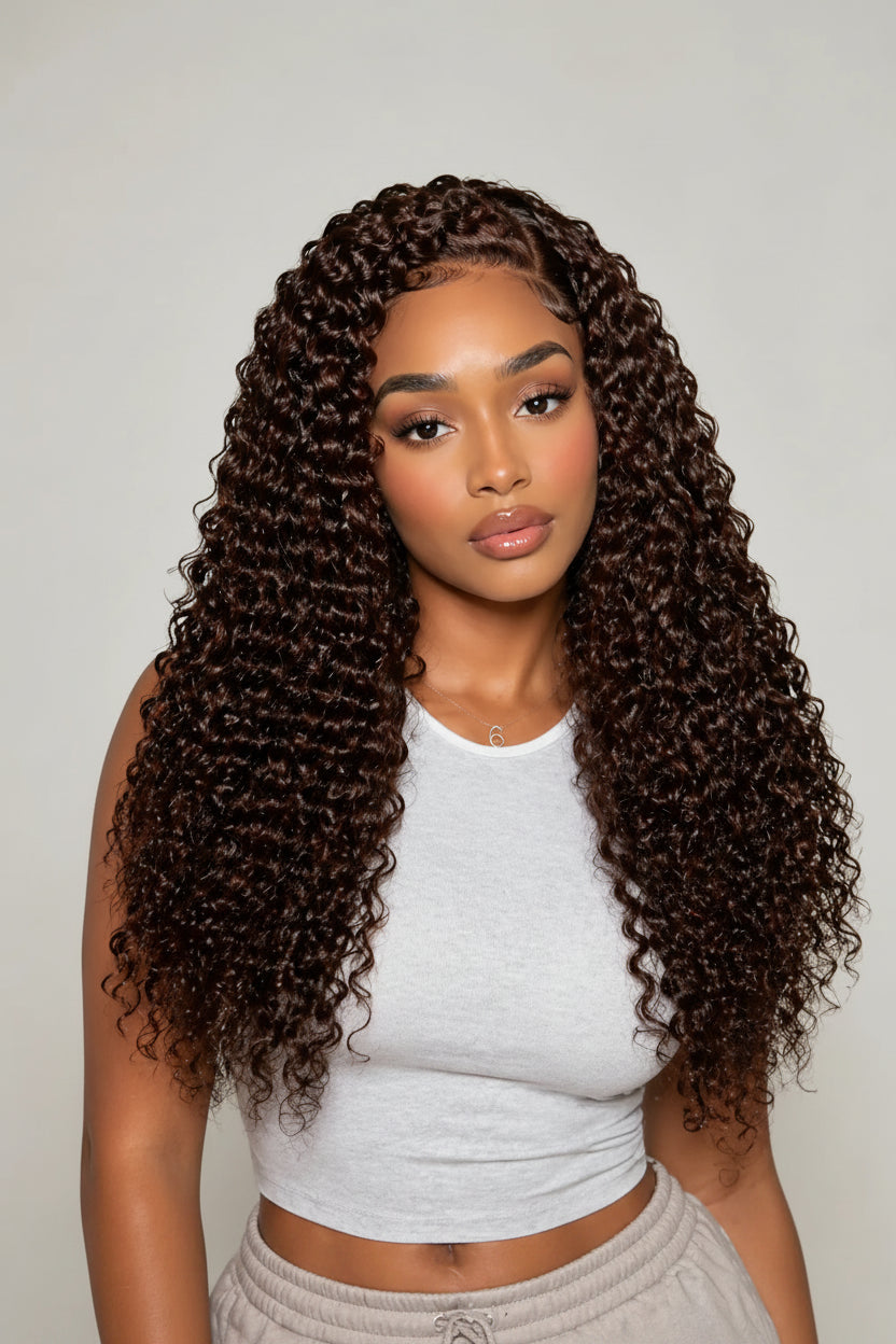 Woman with long, curly hair wearing a gray top against a plain background