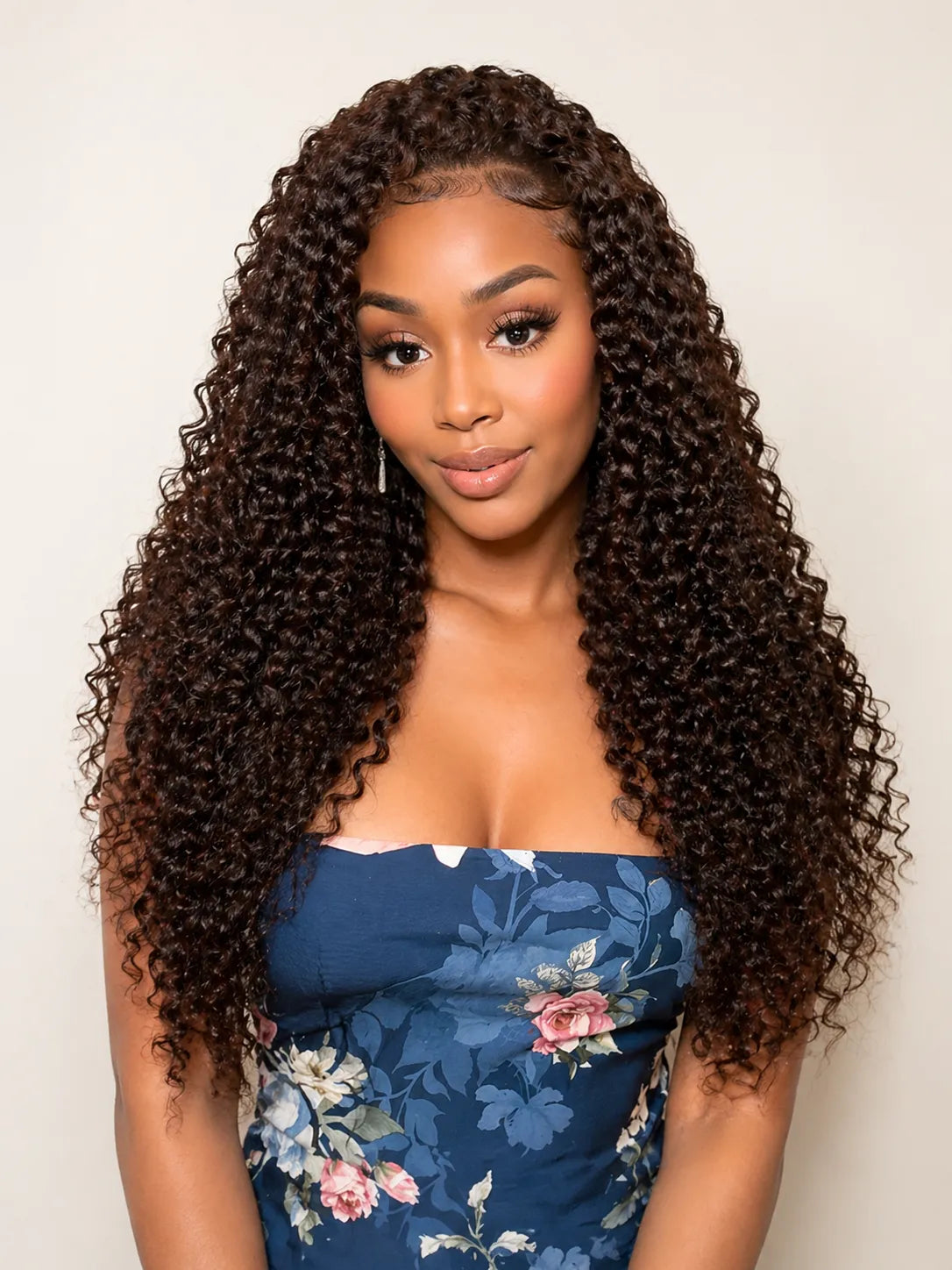Side view of curly lace wig showing natural hairline with soft texture and natural finish
